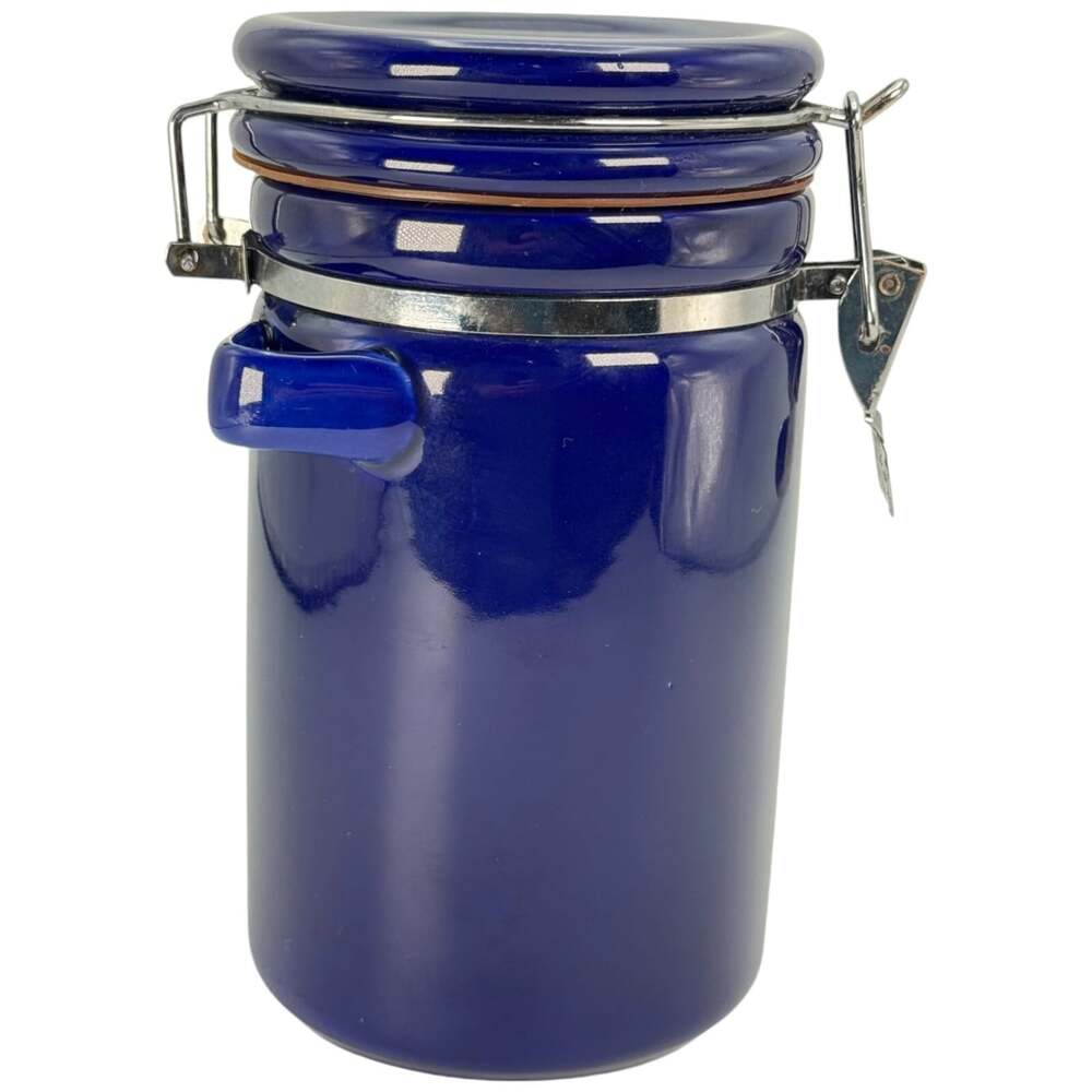 Canister Round Jar Wire Bail Lid & Gasket Snap Clasp Lid Blue 8" Spoon Holder